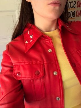 Vintage Cherry Red Faux Leather Jack with Patches